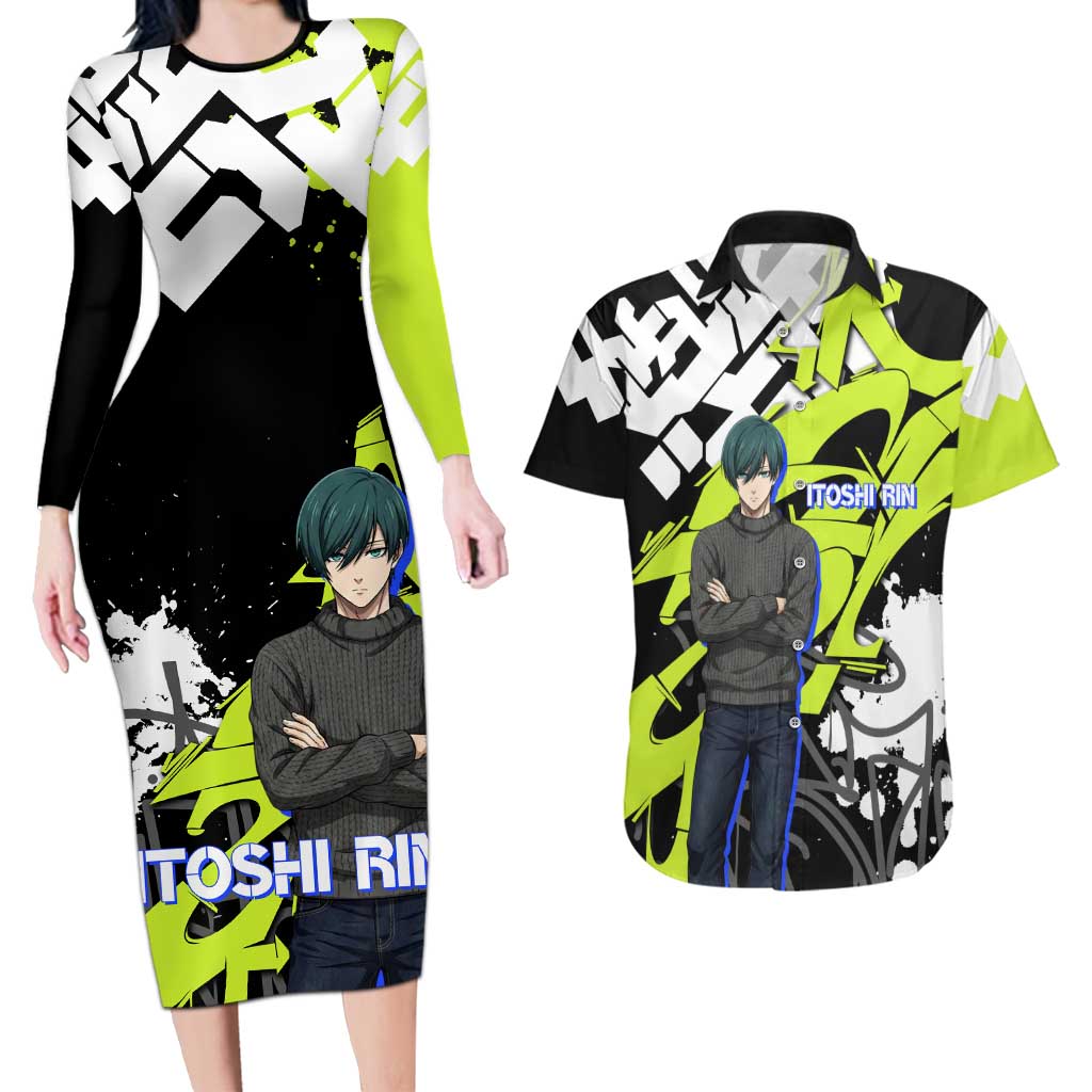 Itoshi Rin Blue Lock Couples Matching Long Sleeve Bodycon Dress and Hawaiian Shirt Urban Graffiti Street Art Style