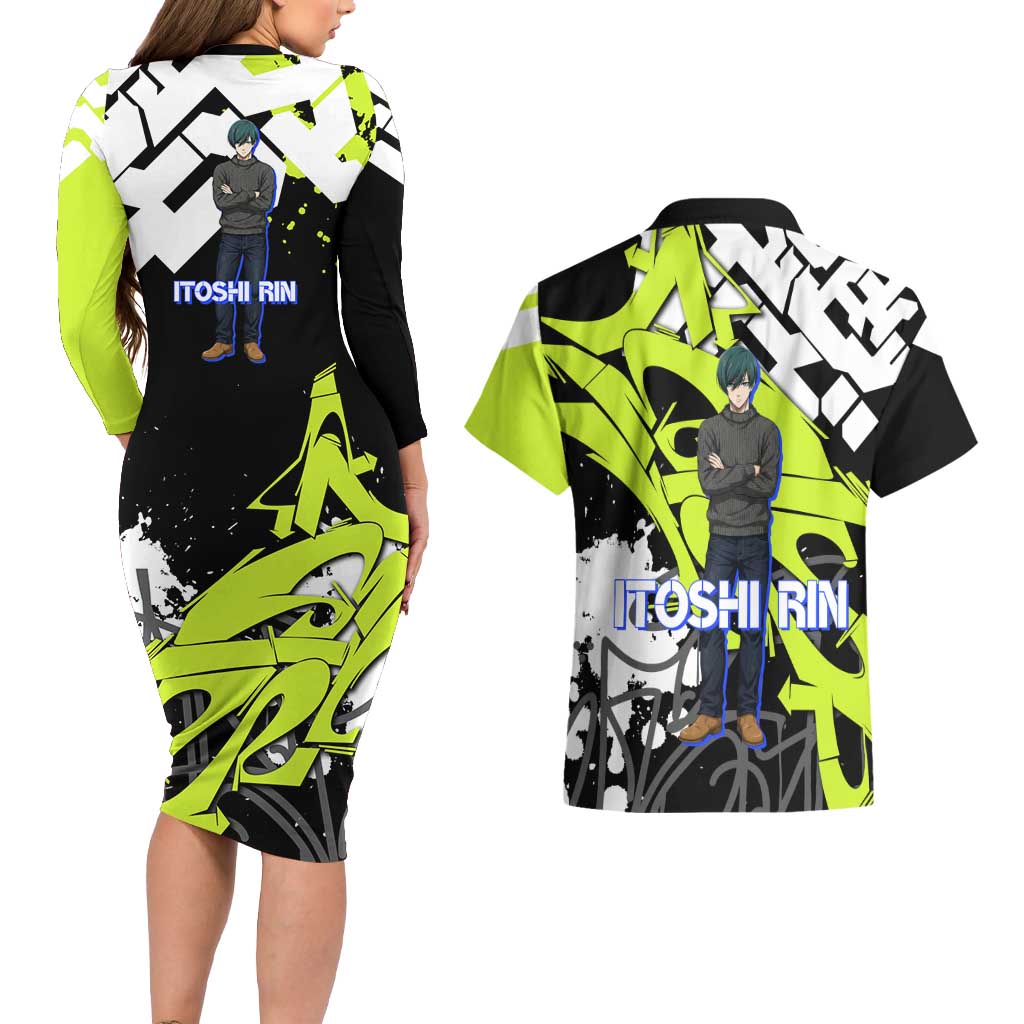 Itoshi Rin Blue Lock Couples Matching Long Sleeve Bodycon Dress and Hawaiian Shirt Urban Graffiti Street Art Style