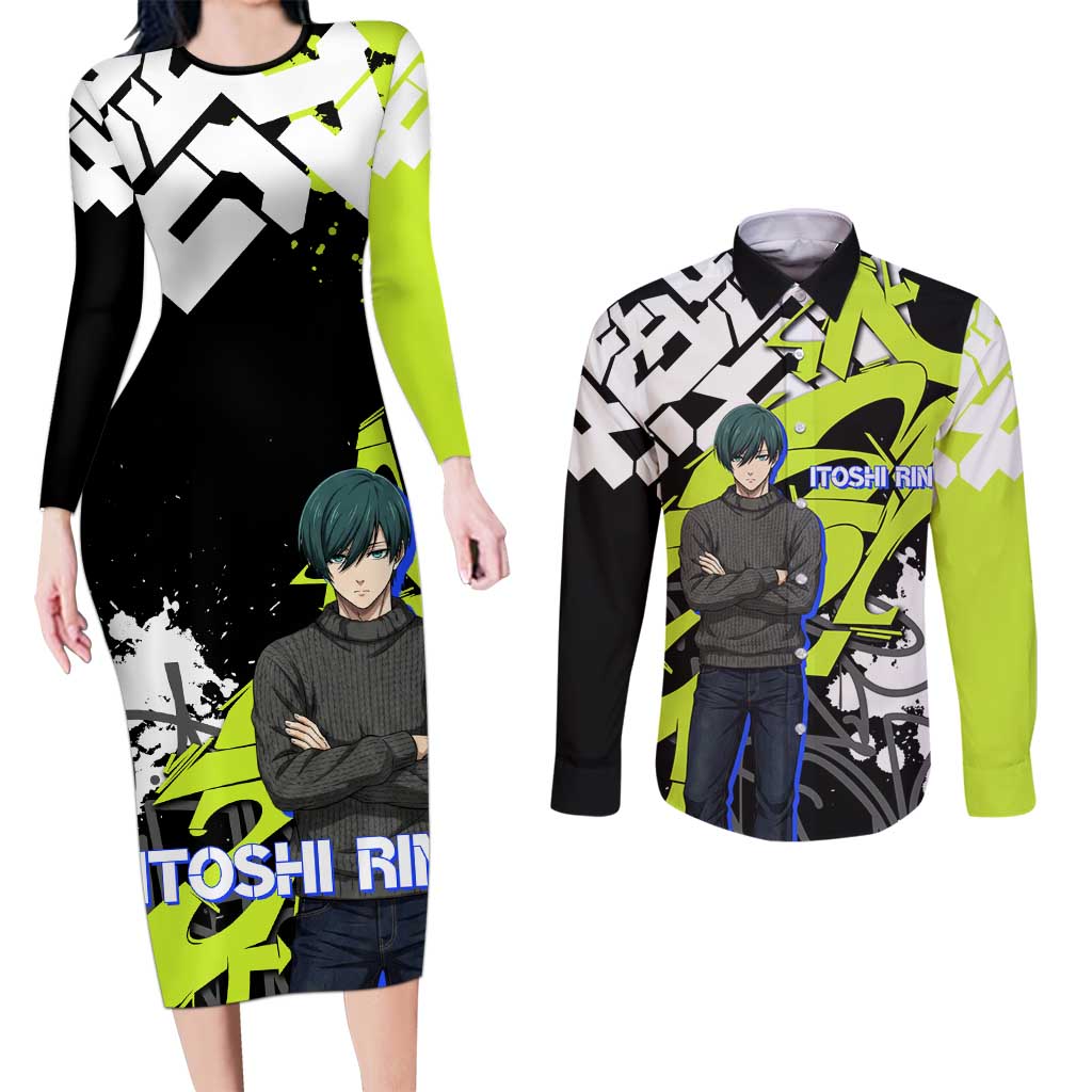 Itoshi Rin Blue Lock Couples Matching Long Sleeve Bodycon Dress and Long Sleeve Button Shirt Urban Graffiti Street Art Style