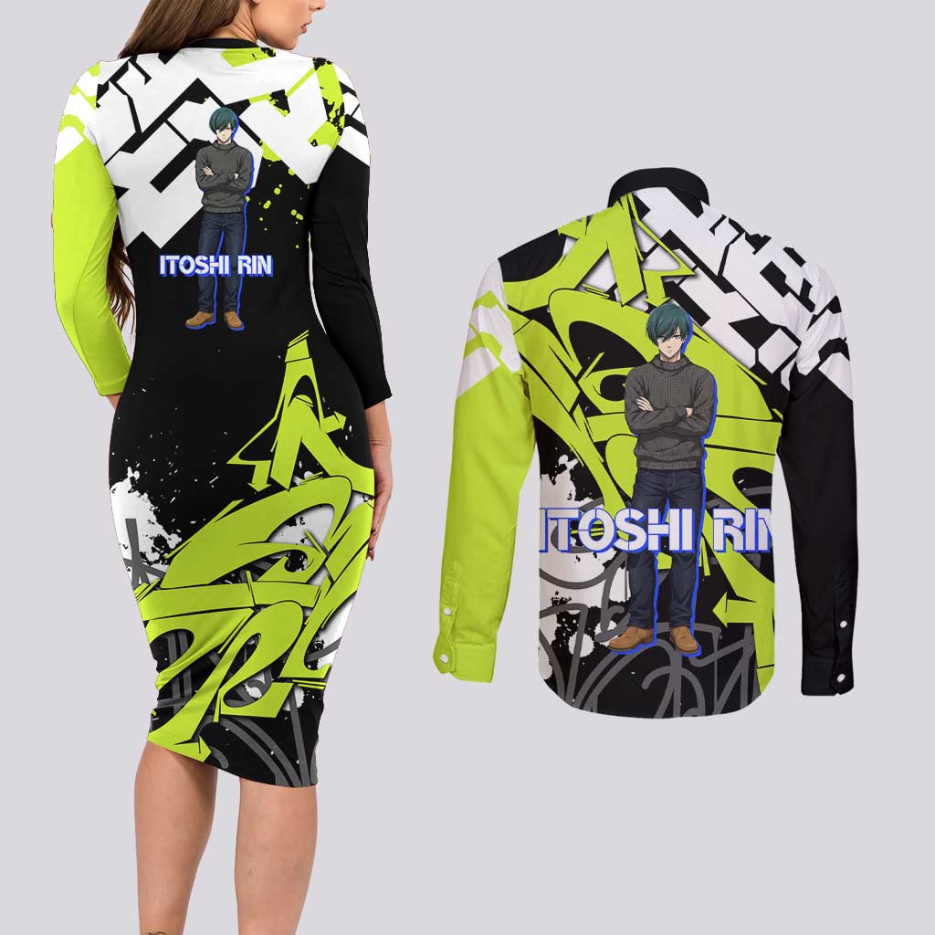 Itoshi Rin Blue Lock Couples Matching Long Sleeve Bodycon Dress and Long Sleeve Button Shirt Urban Graffiti Street Art Style