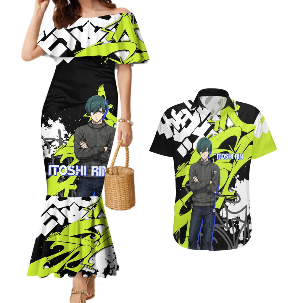 Itoshi Rin Blue Lock Couples Matching Mermaid Dress and Hawaiian Shirt Urban Graffiti Street Art Style