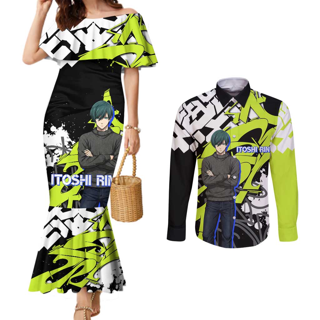Itoshi Rin Blue Lock Couples Matching Mermaid Dress and Long Sleeve Button Shirt Urban Graffiti Street Art Style
