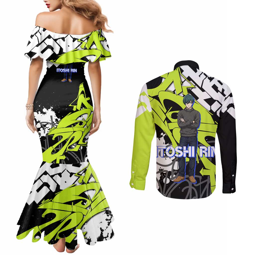 Itoshi Rin Blue Lock Couples Matching Mermaid Dress and Long Sleeve Button Shirt Urban Graffiti Street Art Style