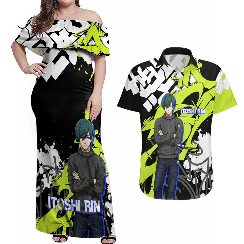 Itoshi Rin Blue Lock Couples Matching Off Shoulder Maxi Dress and Hawaiian Shirt Urban Graffiti Street Art Style