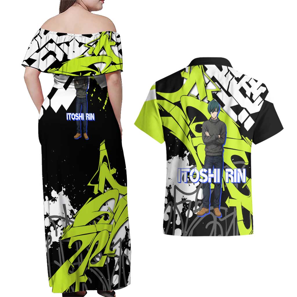 Itoshi Rin Blue Lock Couples Matching Off Shoulder Maxi Dress and Hawaiian Shirt Urban Graffiti Street Art Style