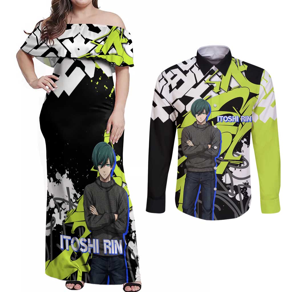 Itoshi Rin Blue Lock Couples Matching Off Shoulder Maxi Dress and Long Sleeve Button Shirt Urban Graffiti Street Art Style