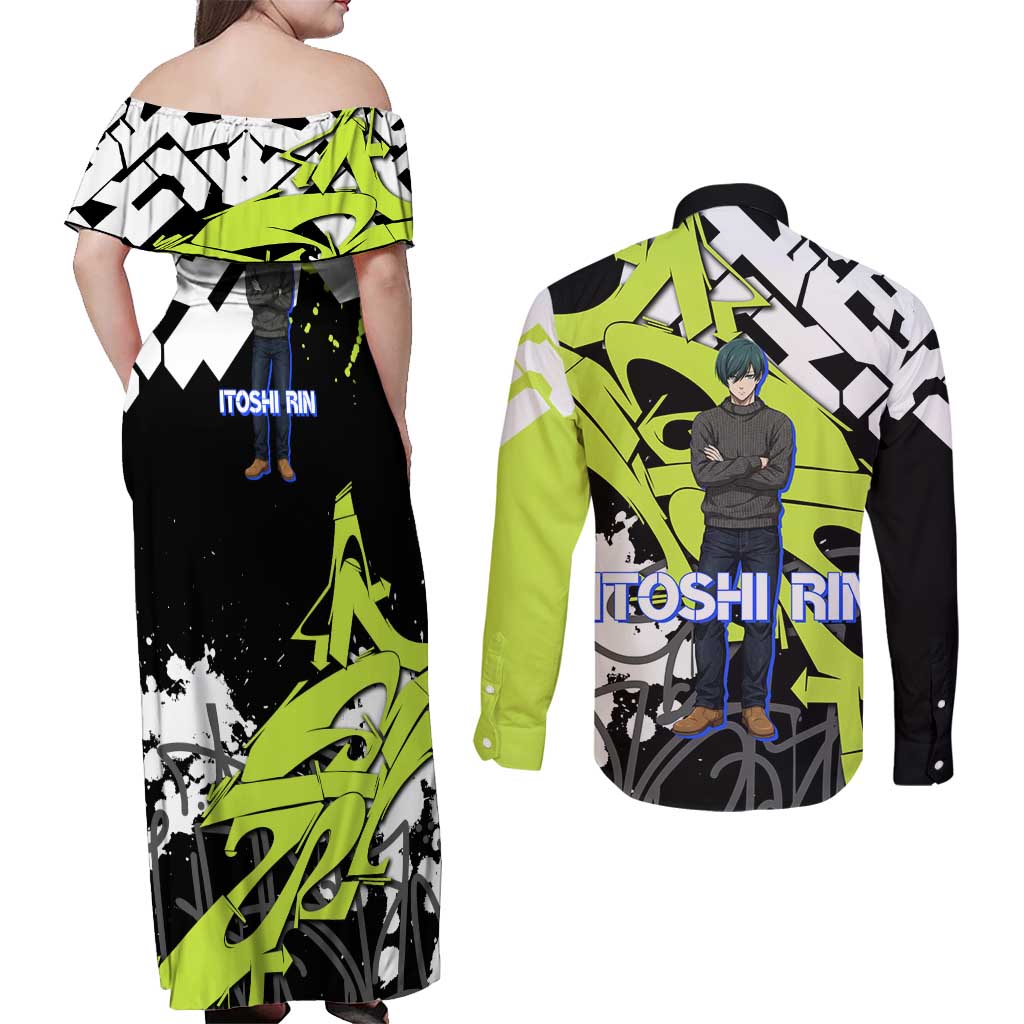 Itoshi Rin Blue Lock Couples Matching Off Shoulder Maxi Dress and Long Sleeve Button Shirt Urban Graffiti Street Art Style