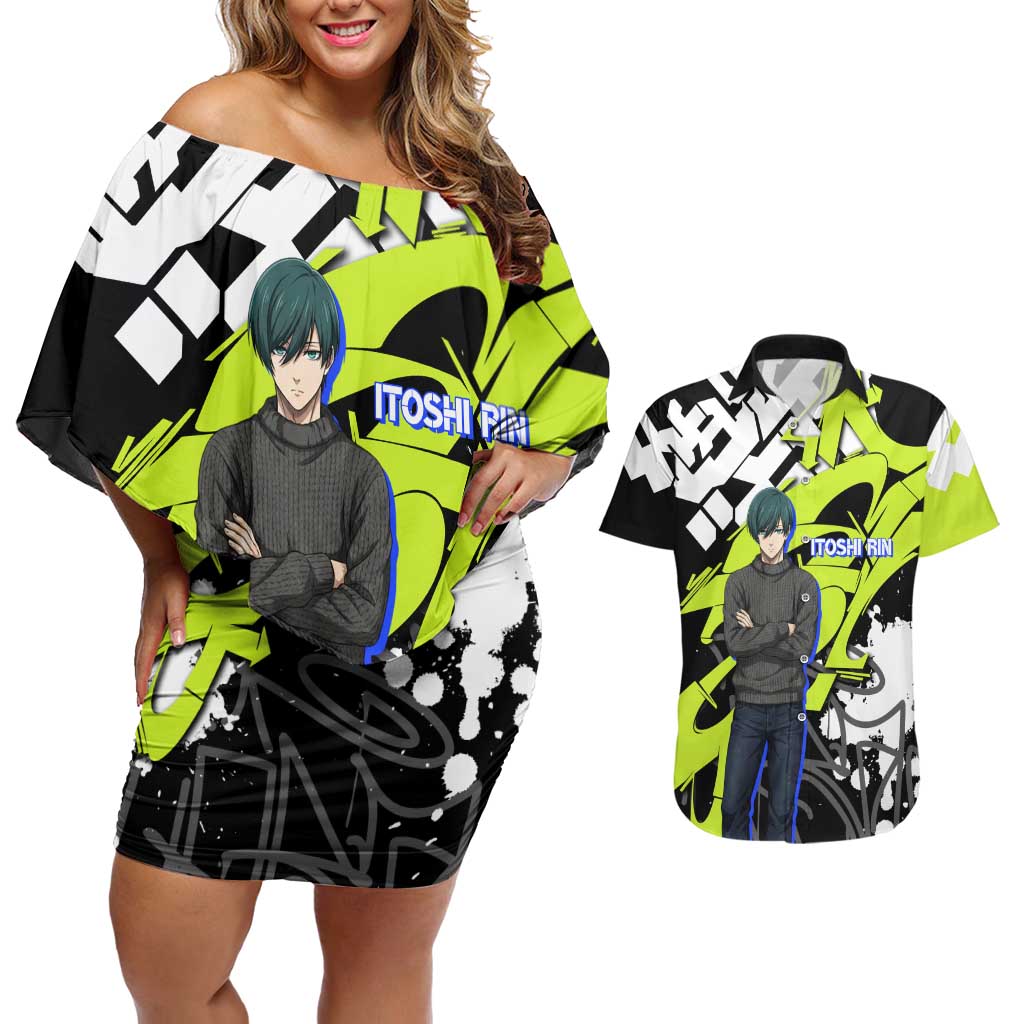Itoshi Rin Blue Lock Couples Matching Off Shoulder Short Dress and Hawaiian Shirt Urban Graffiti Street Art Style