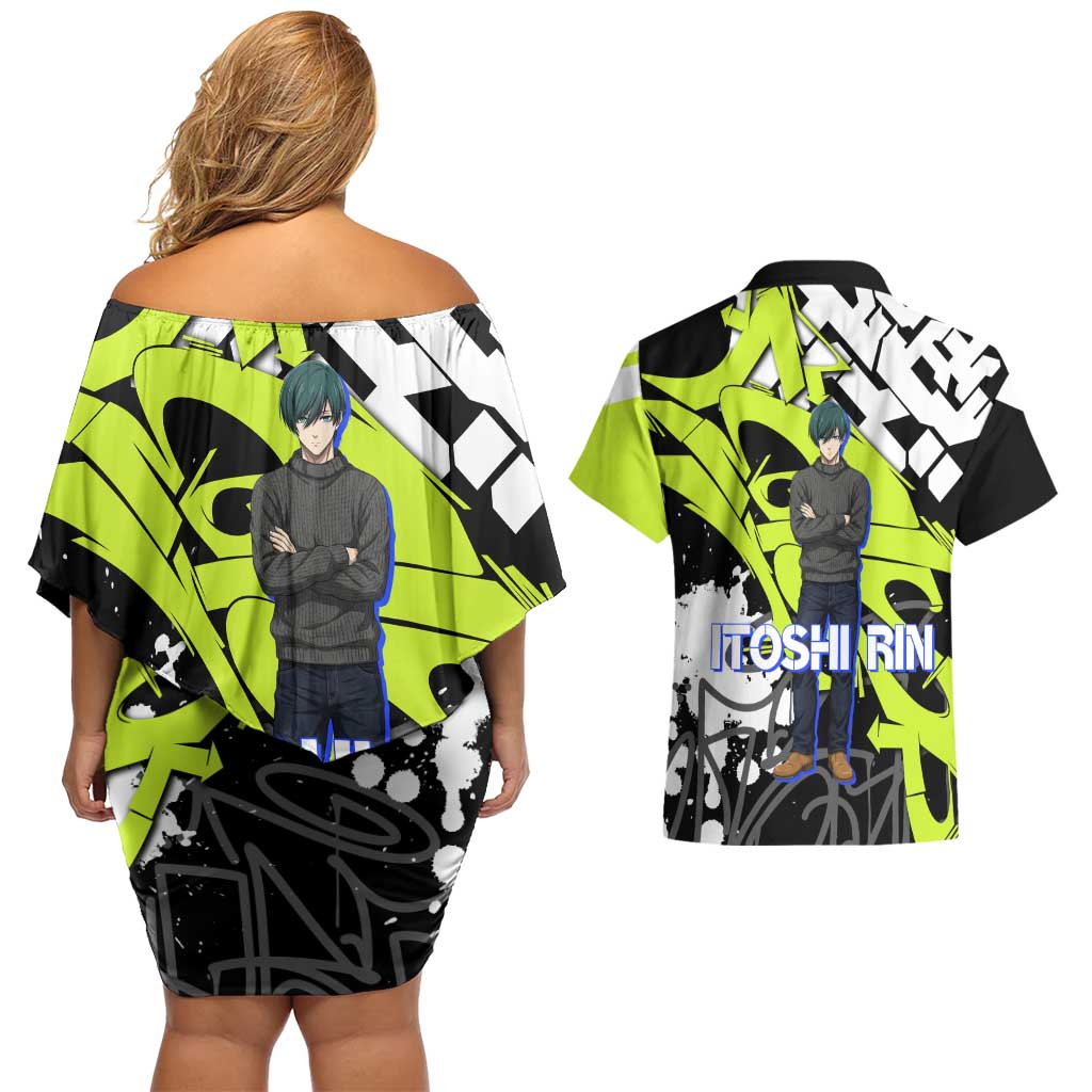 Itoshi Rin Blue Lock Couples Matching Off Shoulder Short Dress and Hawaiian Shirt Urban Graffiti Street Art Style