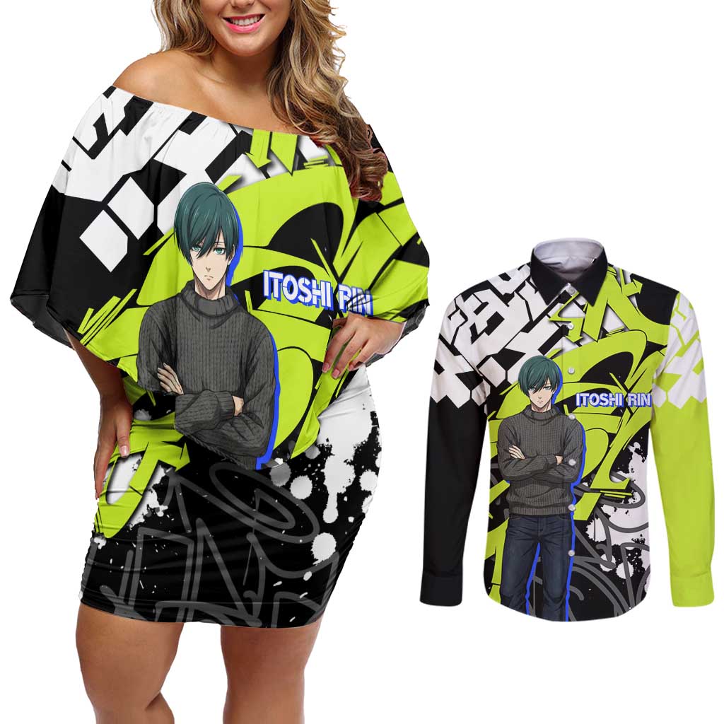 Itoshi Rin Blue Lock Couples Matching Off Shoulder Short Dress and Long Sleeve Button Shirt Urban Graffiti Street Art Style