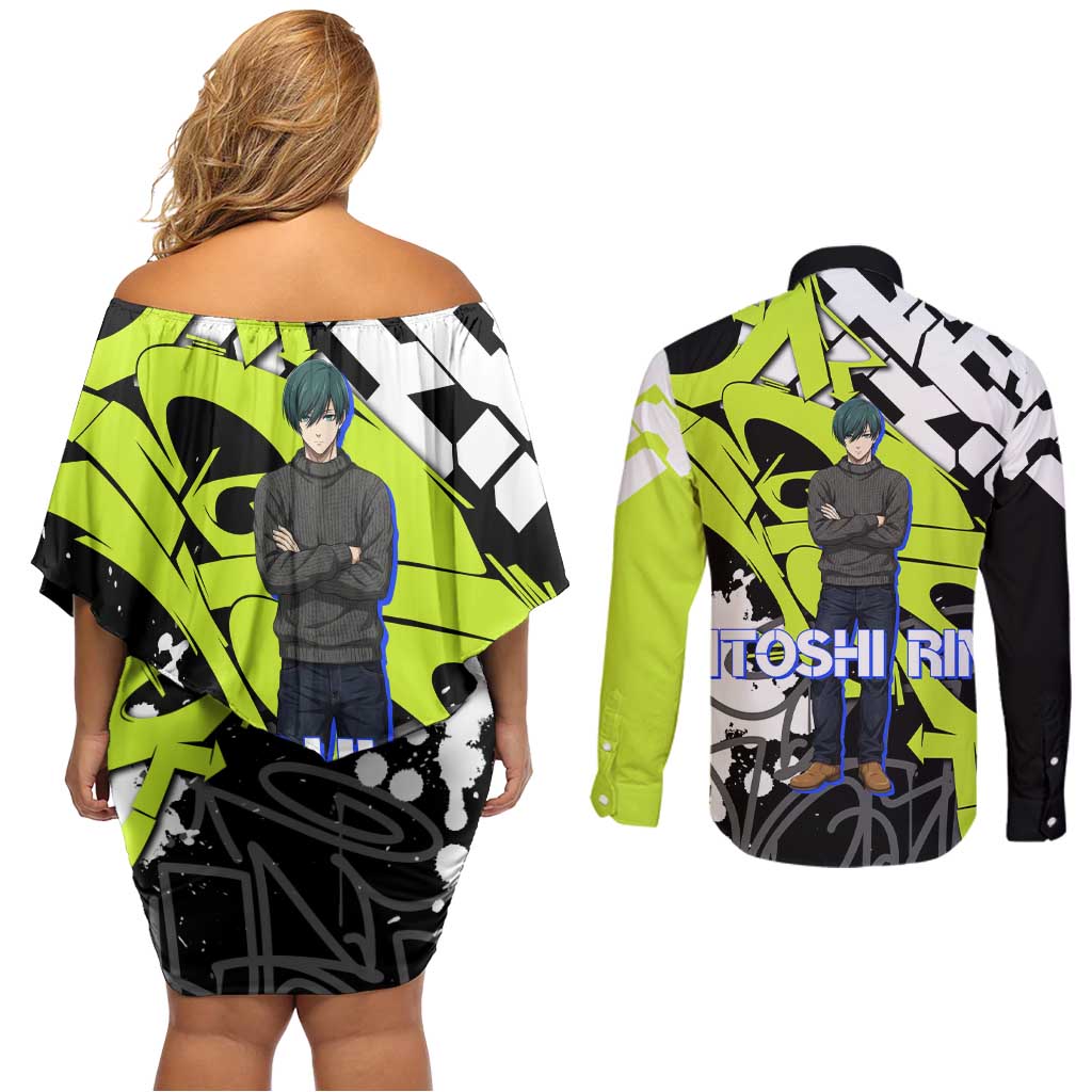 Itoshi Rin Blue Lock Couples Matching Off Shoulder Short Dress and Long Sleeve Button Shirt Urban Graffiti Street Art Style