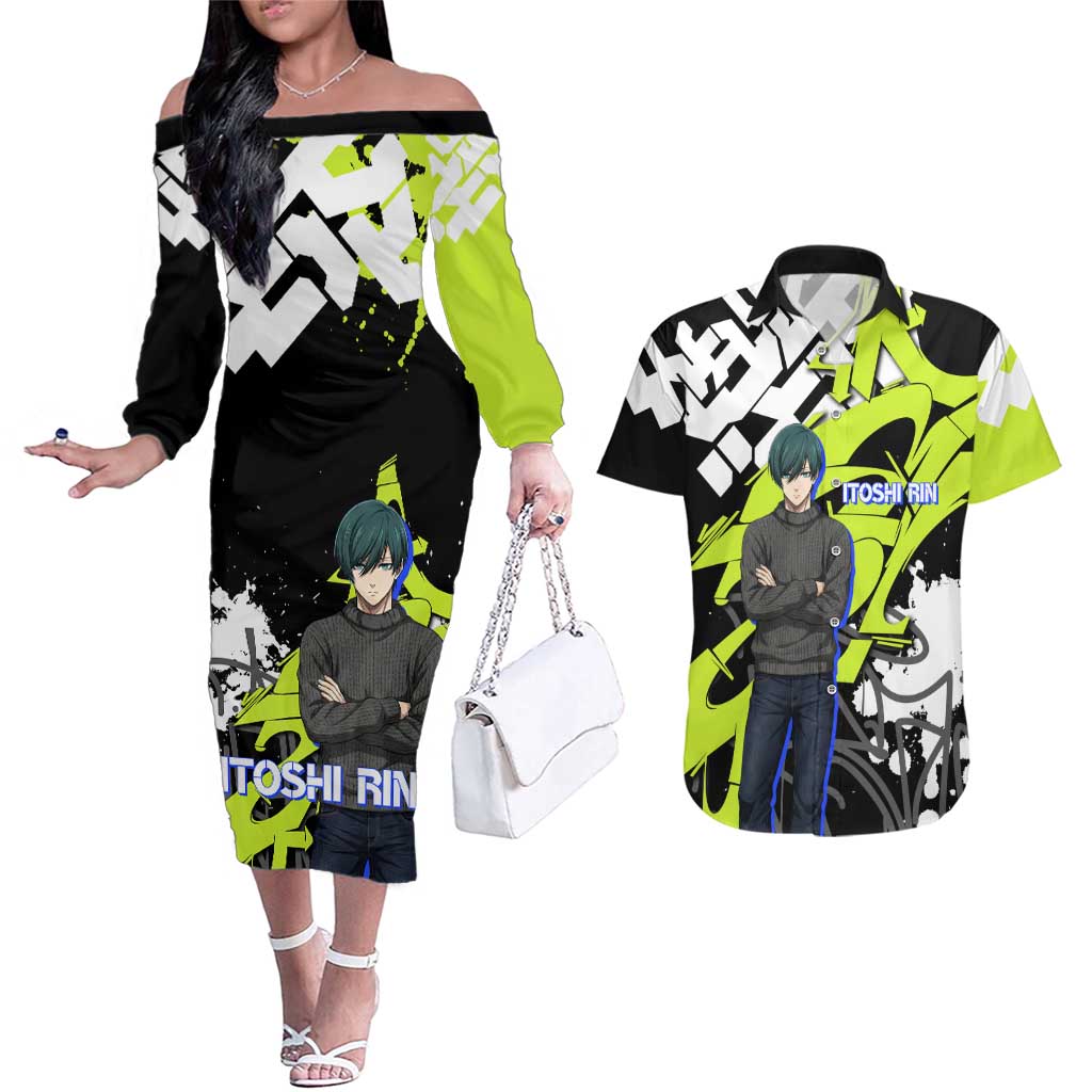 Itoshi Rin Blue Lock Couples Matching Off The Shoulder Long Sleeve Dress and Hawaiian Shirt Urban Graffiti Street Art Style
