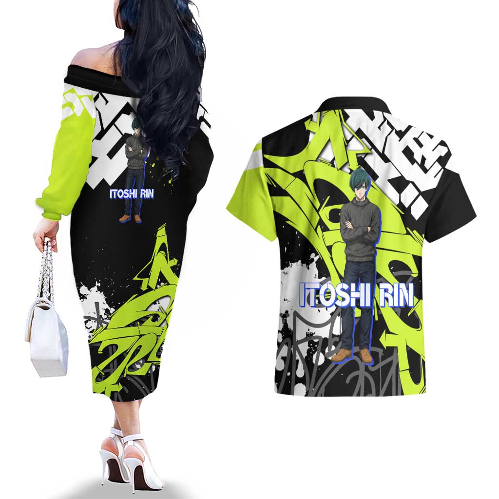 Itoshi Rin Blue Lock Couples Matching Off The Shoulder Long Sleeve Dress and Hawaiian Shirt Urban Graffiti Street Art Style
