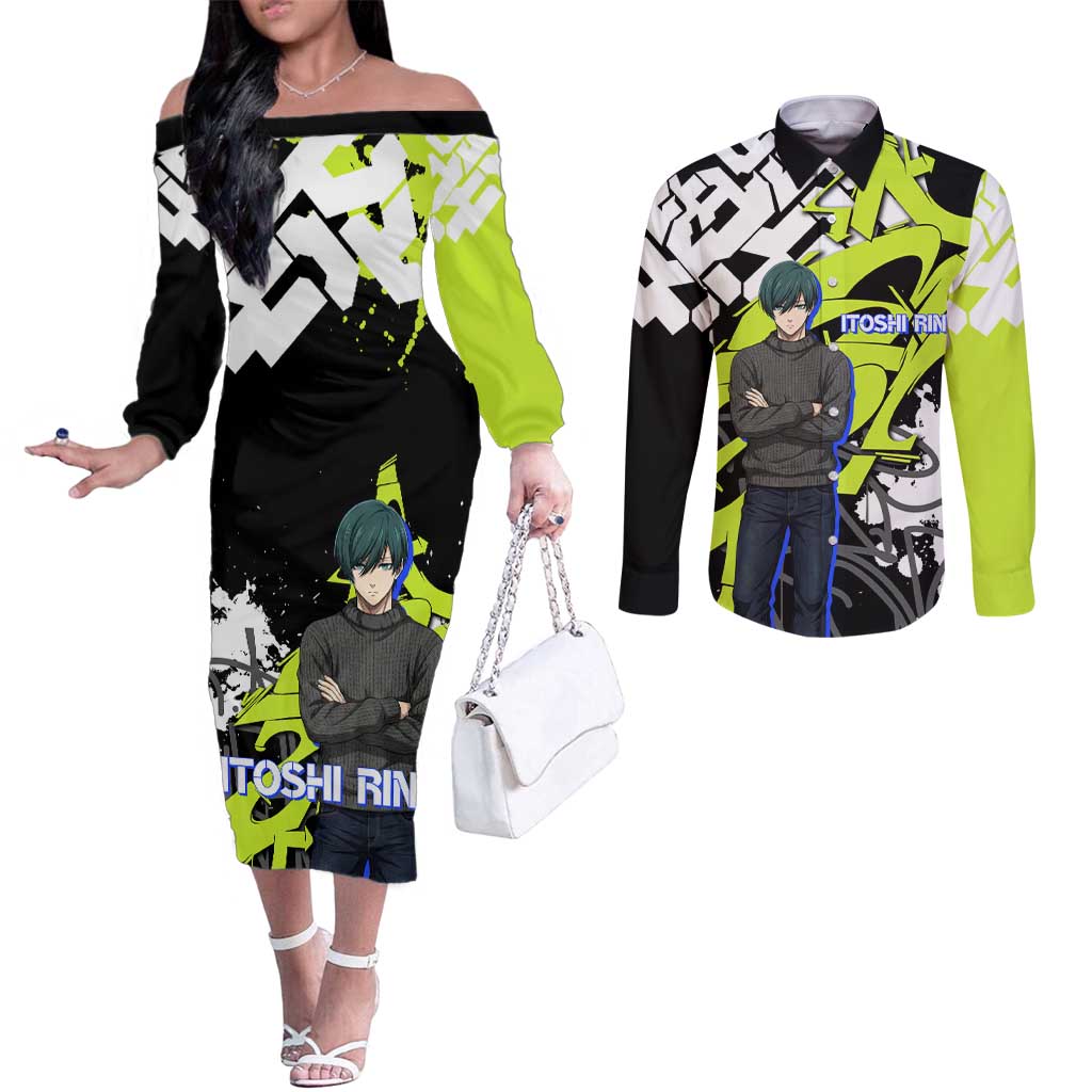 Itoshi Rin Blue Lock Couples Matching Off The Shoulder Long Sleeve Dress and Long Sleeve Button Shirt Urban Graffiti Street Art Style