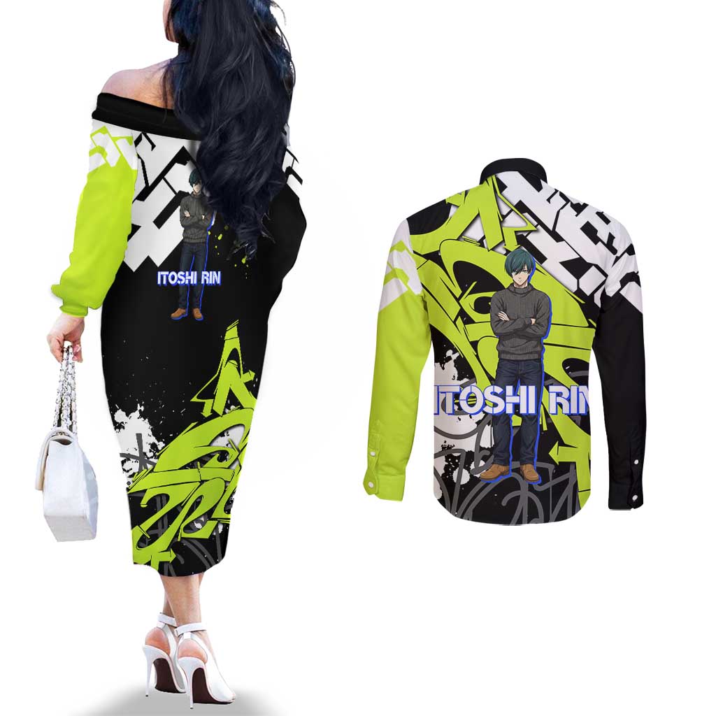 Itoshi Rin Blue Lock Couples Matching Off The Shoulder Long Sleeve Dress and Long Sleeve Button Shirt Urban Graffiti Street Art Style