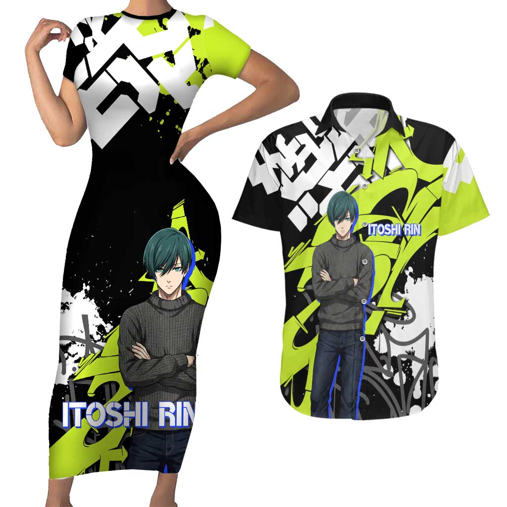 Itoshi Rin Blue Lock Couples Matching Short Sleeve Bodycon Dress and Hawaiian Shirt Urban Graffiti Street Art Style