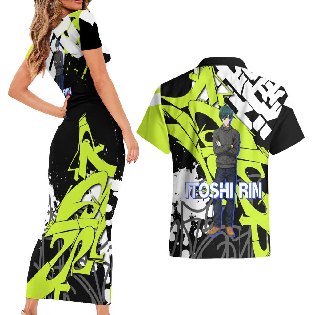 Itoshi Rin Blue Lock Couples Matching Short Sleeve Bodycon Dress and Hawaiian Shirt Urban Graffiti Street Art Style
