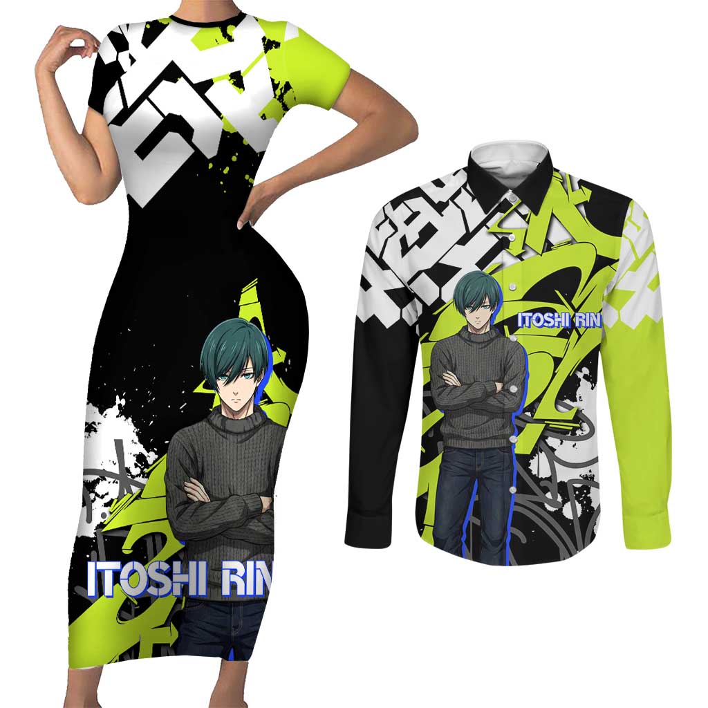 Itoshi Rin Blue Lock Couples Matching Short Sleeve Bodycon Dress and Long Sleeve Button Shirt Urban Graffiti Street Art Style