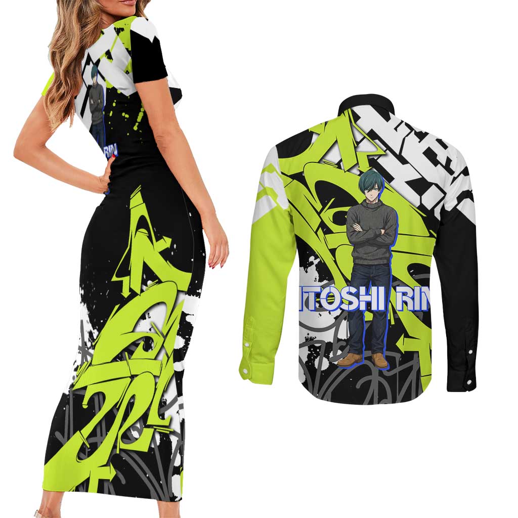 Itoshi Rin Blue Lock Couples Matching Short Sleeve Bodycon Dress and Long Sleeve Button Shirt Urban Graffiti Street Art Style