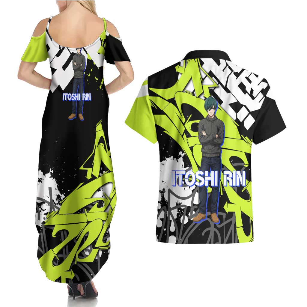 Itoshi Rin Blue Lock Couples Matching Summer Maxi Dress and Hawaiian Shirt Urban Graffiti Street Art Style
