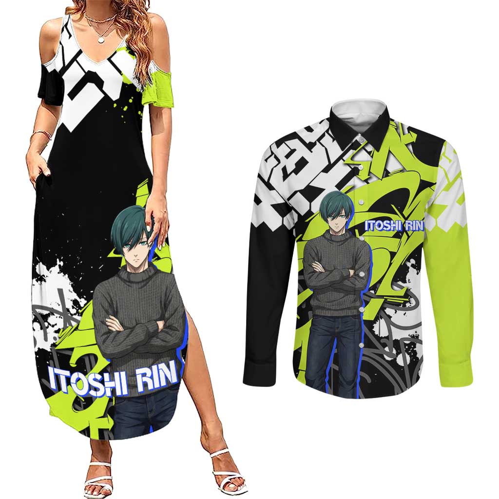 Itoshi Rin Blue Lock Couples Matching Summer Maxi Dress and Long Sleeve Button Shirt Urban Graffiti Street Art Style