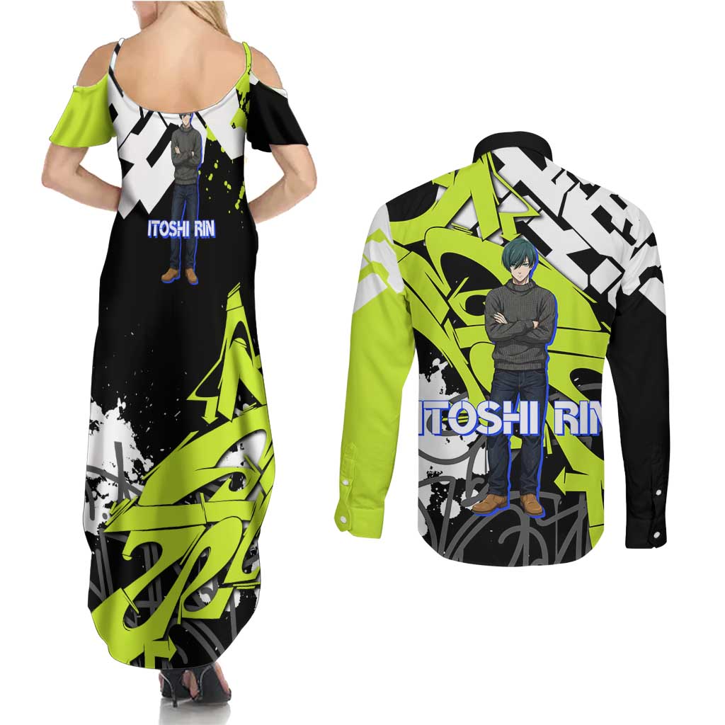 Itoshi Rin Blue Lock Couples Matching Summer Maxi Dress and Long Sleeve Button Shirt Urban Graffiti Street Art Style