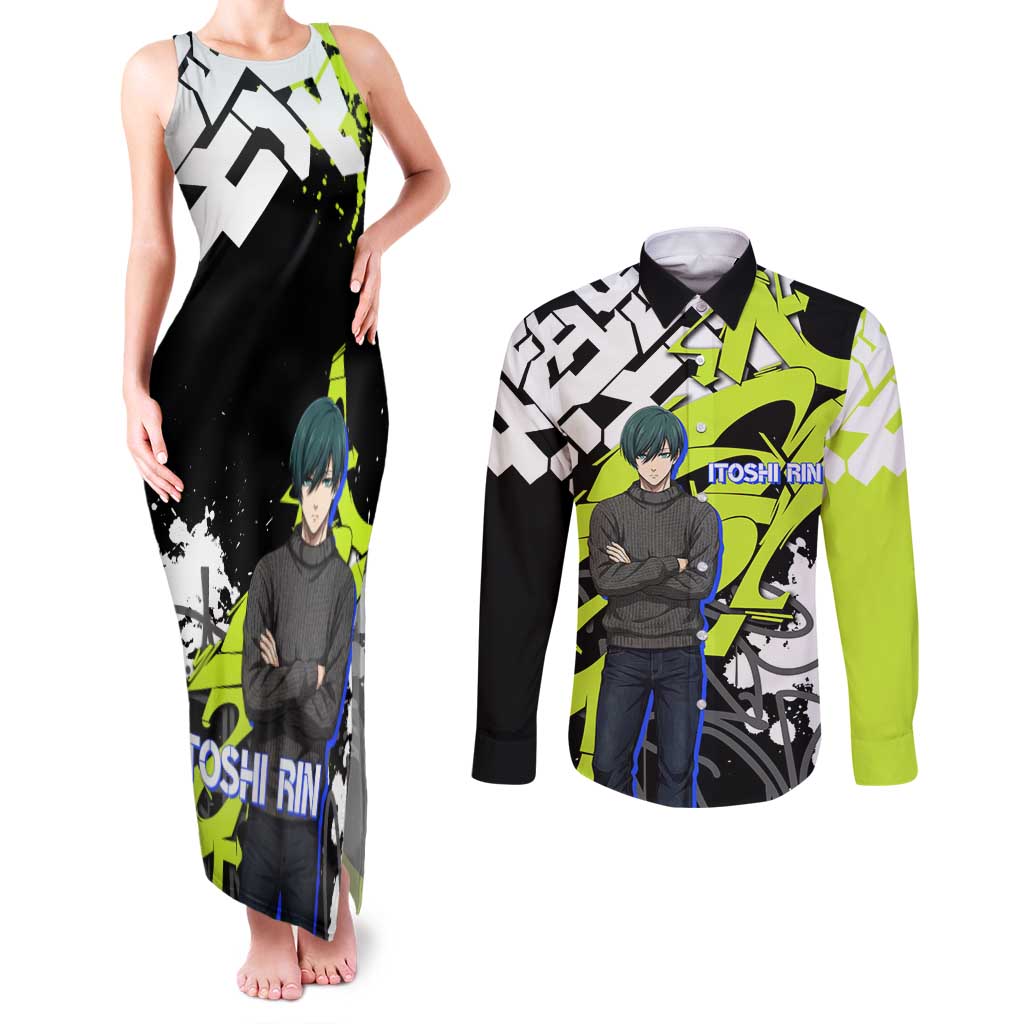 Itoshi Rin Blue Lock Couples Matching Tank Maxi Dress and Long Sleeve Button Shirt Urban Graffiti Street Art Style