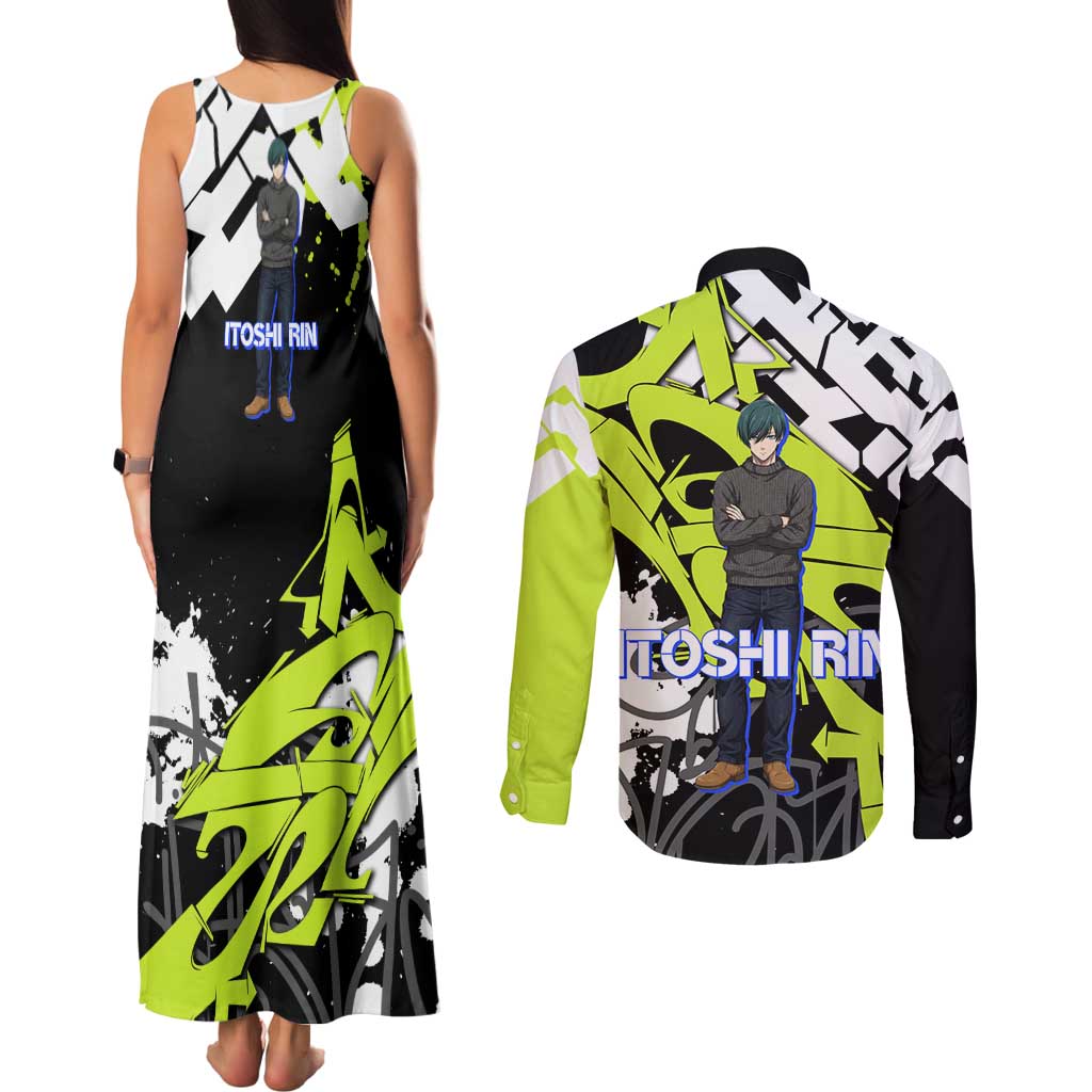 Itoshi Rin Blue Lock Couples Matching Tank Maxi Dress and Long Sleeve Button Shirt Urban Graffiti Street Art Style