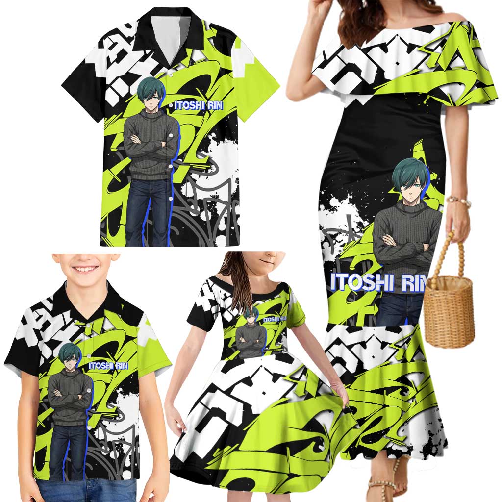 Itoshi Rin Blue Lock Family Matching Mermaid Dress and Hawaiian Shirt Urban Graffiti Street Art Style