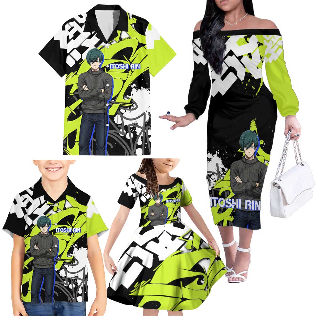 Itoshi Rin Blue Lock Family Matching Off The Shoulder Long Sleeve Dress and Hawaiian Shirt Urban Graffiti Street Art Style