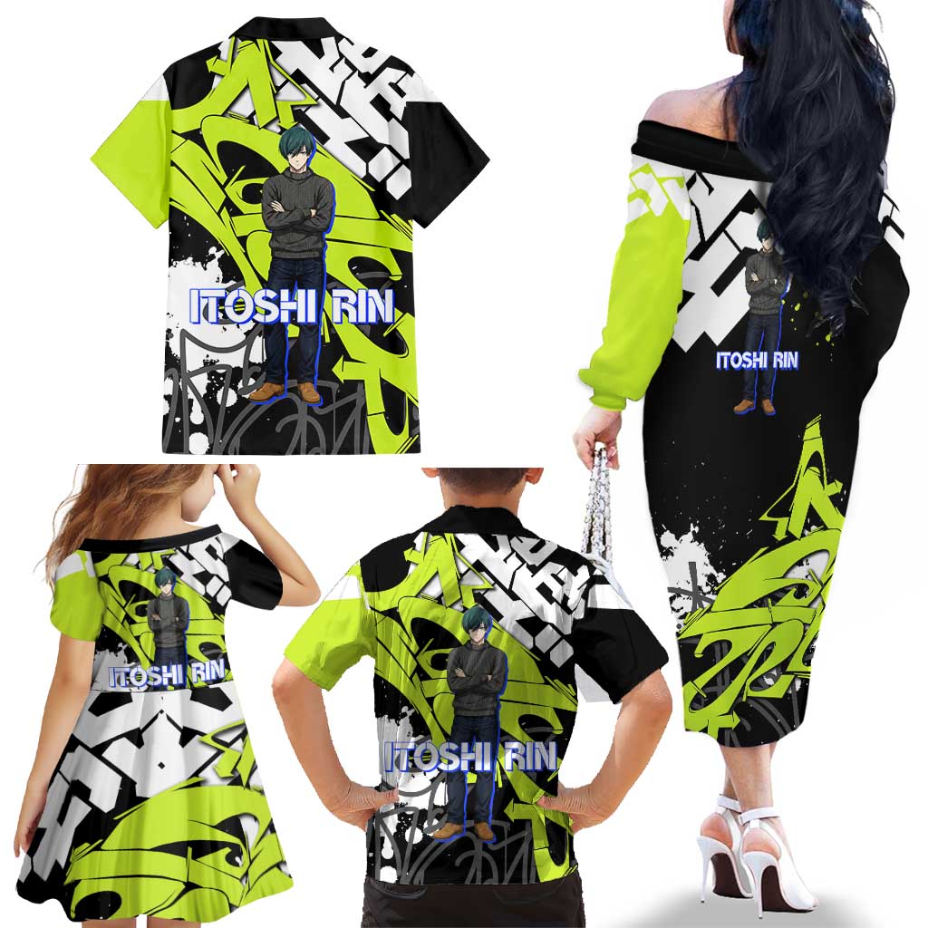 Itoshi Rin Blue Lock Family Matching Off The Shoulder Long Sleeve Dress and Hawaiian Shirt Urban Graffiti Street Art Style
