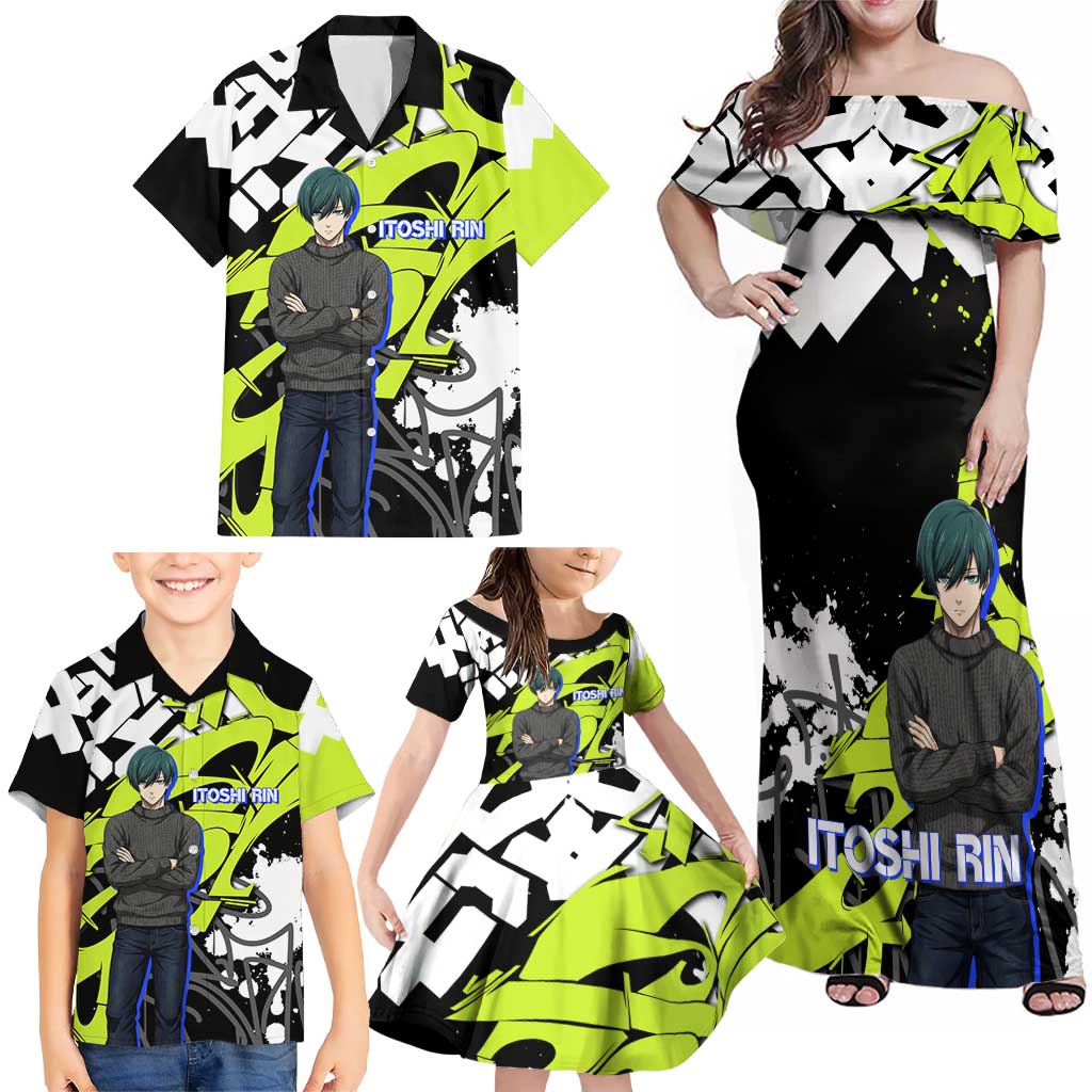 Itoshi Rin Blue Lock Family Matching Off Shoulder Maxi Dress and Hawaiian Shirt Urban Graffiti Street Art Style