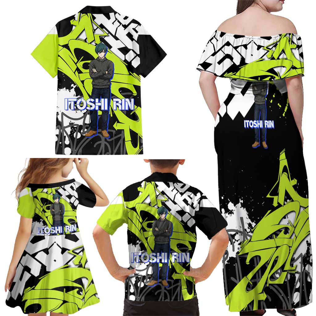 Itoshi Rin Blue Lock Family Matching Off Shoulder Maxi Dress and Hawaiian Shirt Urban Graffiti Street Art Style