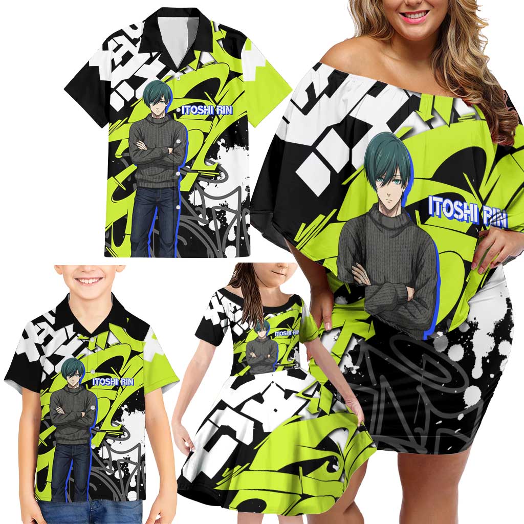 Itoshi Rin Blue Lock Family Matching Off Shoulder Short Dress and Hawaiian Shirt Urban Graffiti Street Art Style