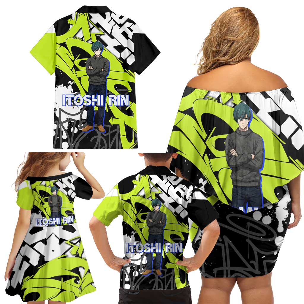 Itoshi Rin Blue Lock Family Matching Off Shoulder Short Dress and Hawaiian Shirt Urban Graffiti Street Art Style