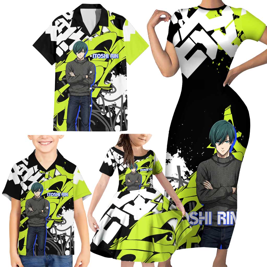 Itoshi Rin Blue Lock Family Matching Short Sleeve Bodycon Dress and Hawaiian Shirt Urban Graffiti Street Art Style