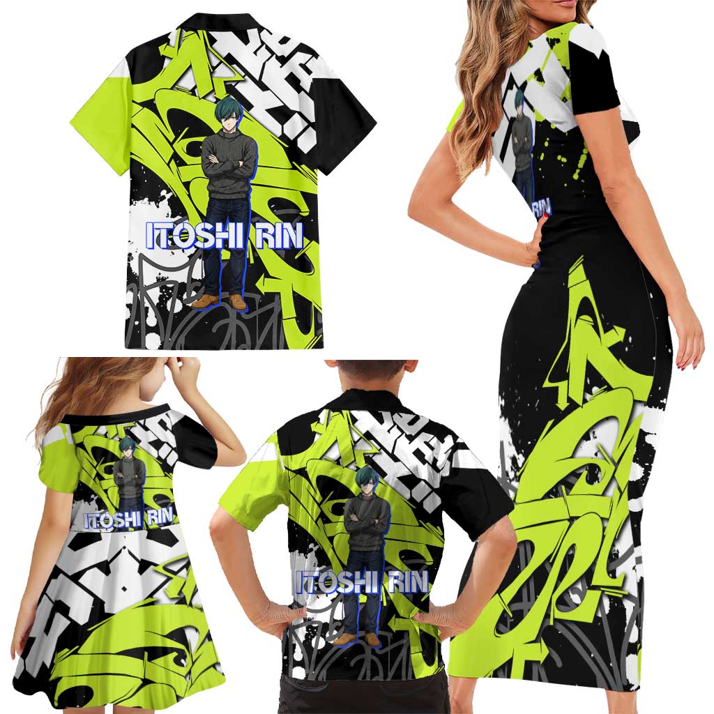 Itoshi Rin Blue Lock Family Matching Short Sleeve Bodycon Dress and Hawaiian Shirt Urban Graffiti Street Art Style
