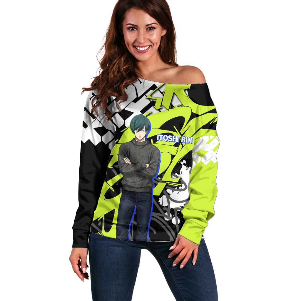 Itoshi Rin Blue Lock Off Shoulder Sweater Urban Graffiti Street Art Style