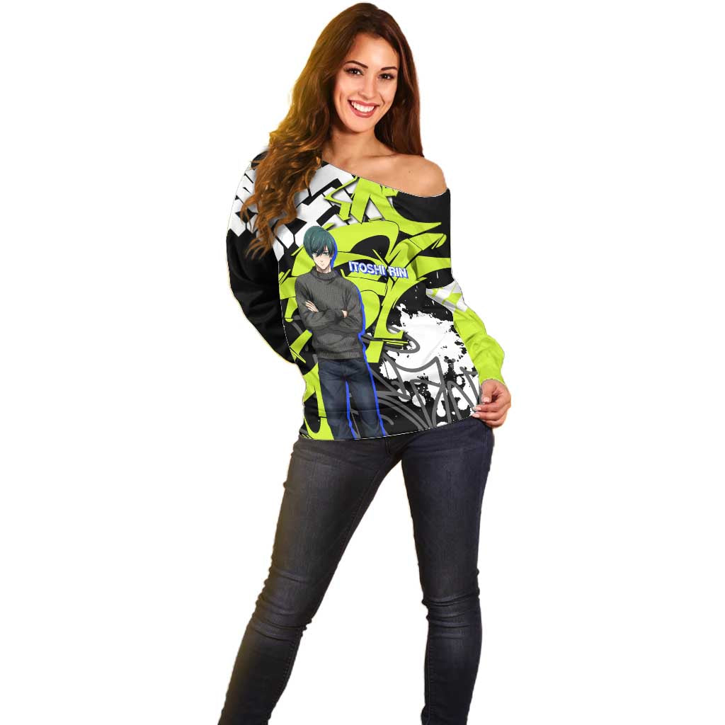 Itoshi Rin Blue Lock Off Shoulder Sweater Urban Graffiti Street Art Style