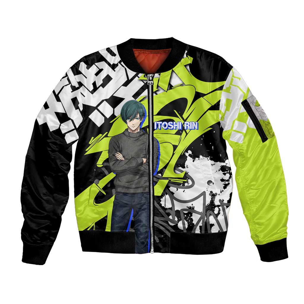 Itoshi Rin Blue Lock Sleeve Zip Bomber Jacket Urban Graffiti Street Art Style