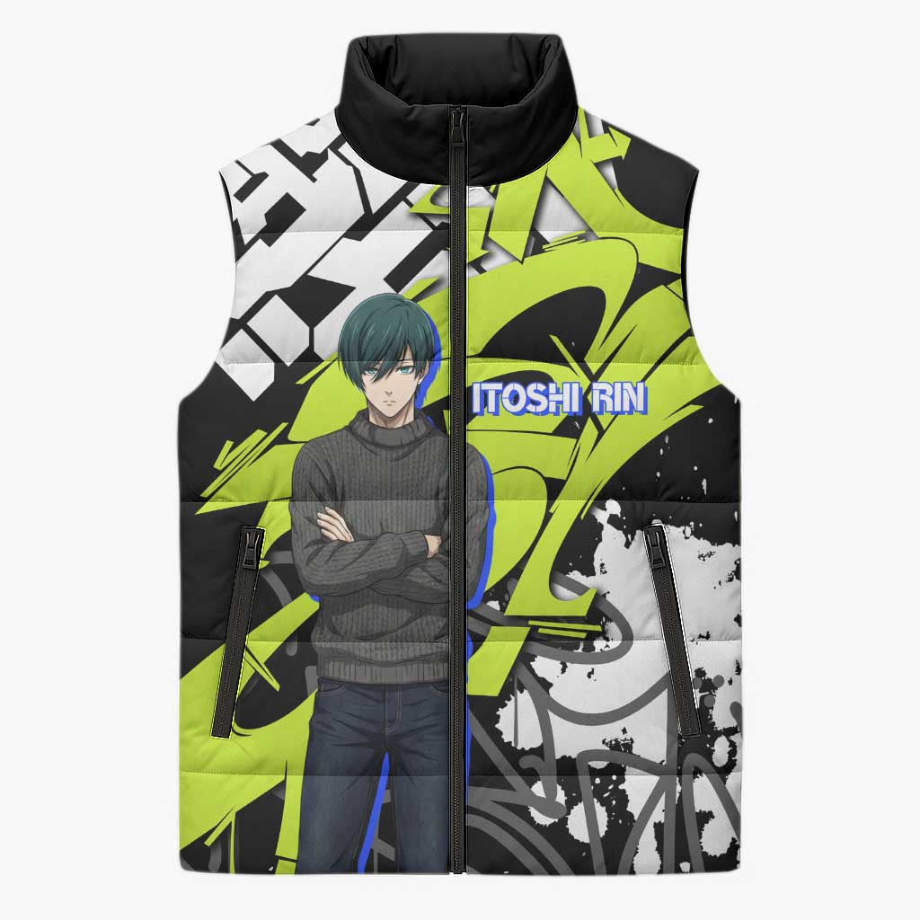 Itoshi Rin Blue Lock Sleeveless Puffer Jacket Urban Graffiti Street Art Style