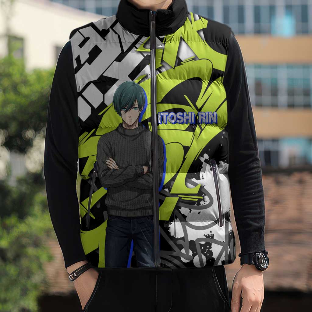 Itoshi Rin Blue Lock Sleeveless Puffer Jacket Urban Graffiti Street Art Style