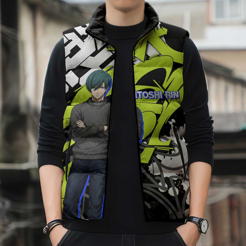 Itoshi Rin Blue Lock Sleeveless Puffer Jacket Urban Graffiti Street Art Style