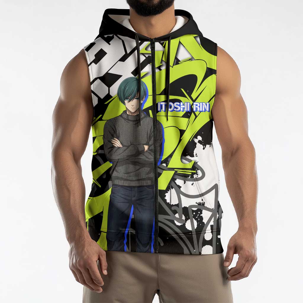 Itoshi Rin Blue Lock Sleeveless Zip Hoodie Urban Graffiti Street Art Style