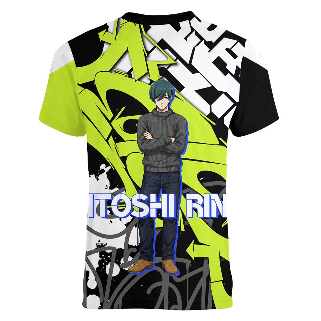 Itoshi Rin Blue Lock Women V-Neck T-Shirt Urban Graffiti Street Art Style