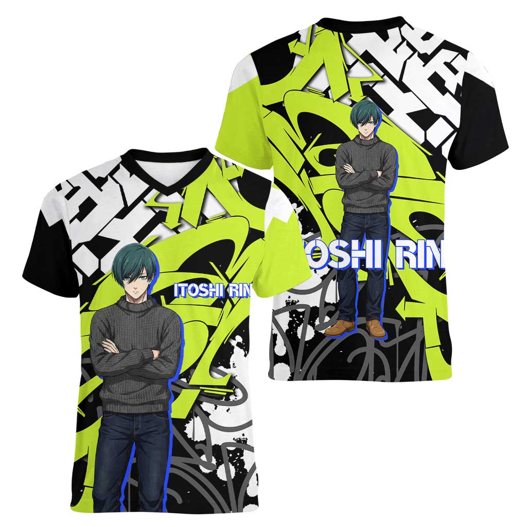 Itoshi Rin Blue Lock Women V-Neck T-Shirt Urban Graffiti Street Art Style
