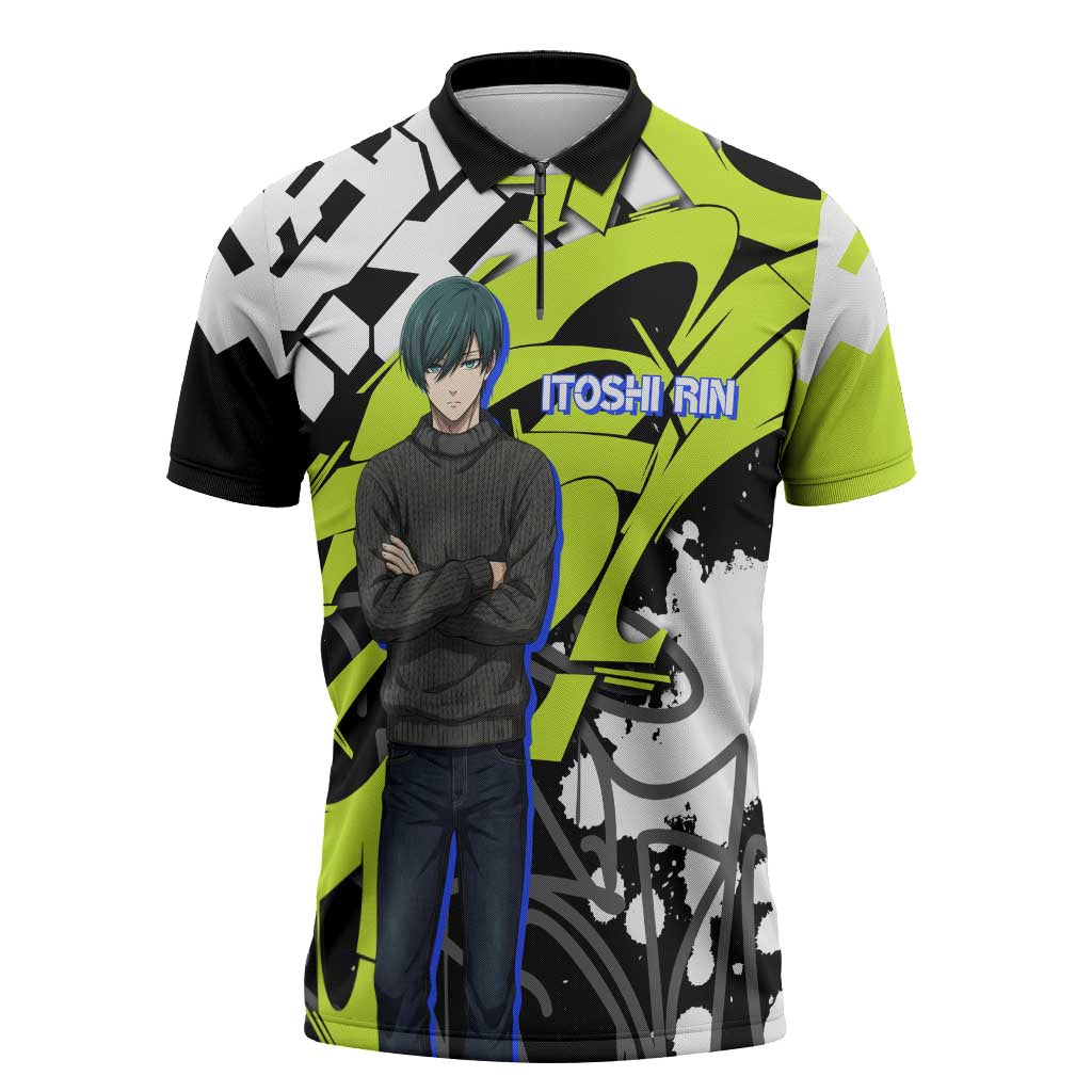 Itoshi Rin Blue Lock Zipper Polo Shirt Urban Graffiti Street Art Style