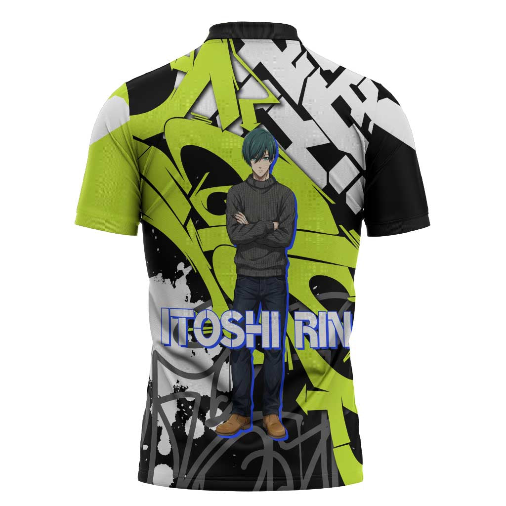Itoshi Rin Blue Lock Zipper Polo Shirt Urban Graffiti Street Art Style