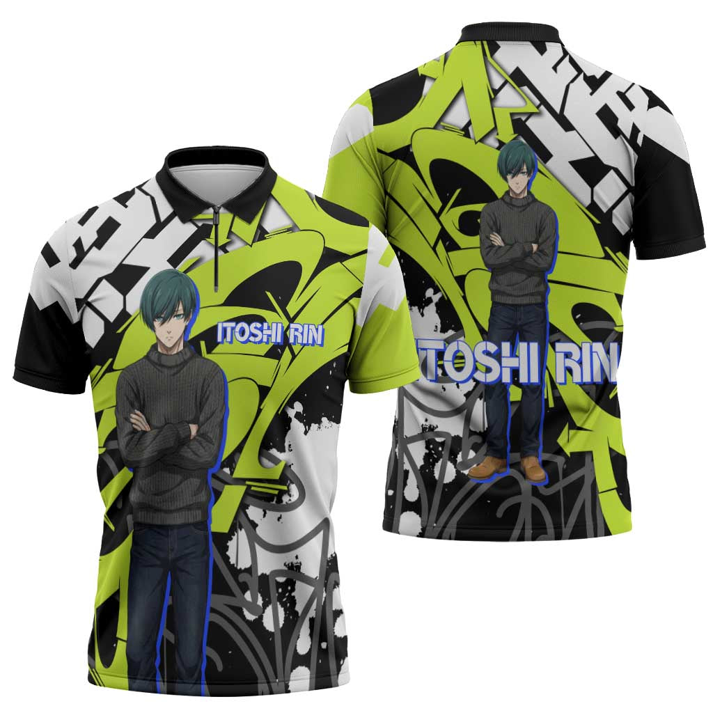 Itoshi Rin Blue Lock Zipper Polo Shirt Urban Graffiti Street Art Style