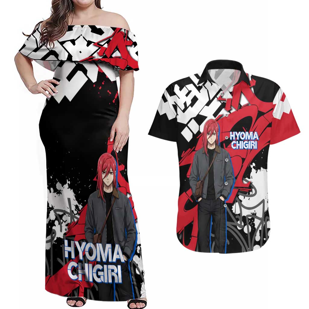 Hyoma Chigiri Blue Lock Couples Matching Off Shoulder Maxi Dress and Hawaiian Shirt Urban Graffiti Street Art Style